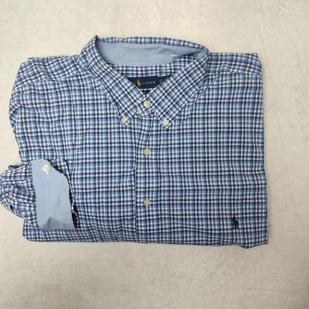 Ralph Lauren Shirt Men Big 3XB Blue Check Button Up Long Sleeve Classic Stretch